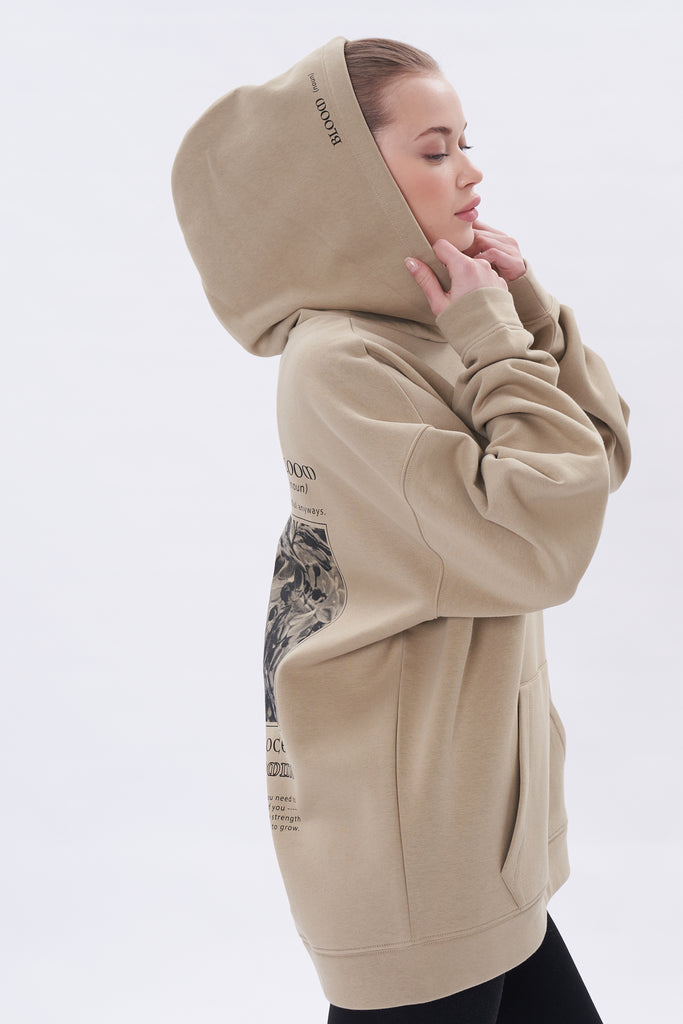 Arkası Baskılı Kapüşonlu İçi Polarlı Oversize Sweatshirt Bej - Nalu