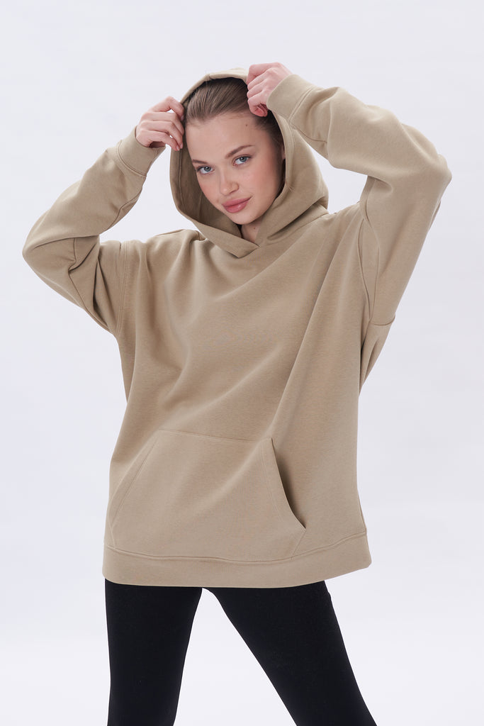 Arkası Baskılı Kapüşonlu İçi Polarlı Oversize Sweatshirt Bej - Nalu